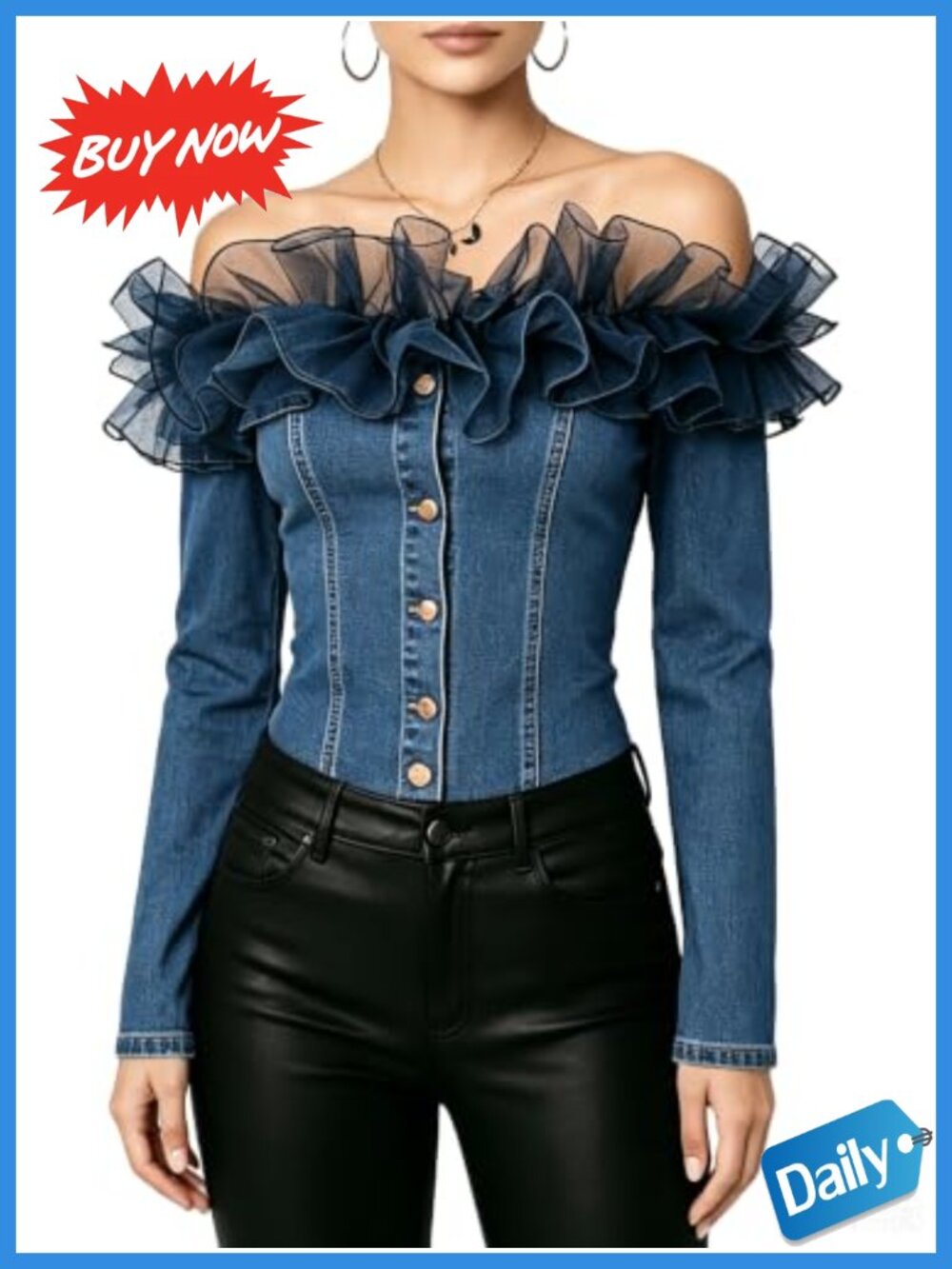 Off Shoulder Ruffle Denim Top Vintage Long Sleeve Button Up Shirt